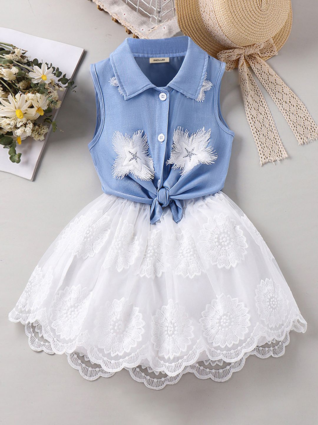 

INCLUD Girls Embellished Sleeveless Shirt with Skirt, Blue
