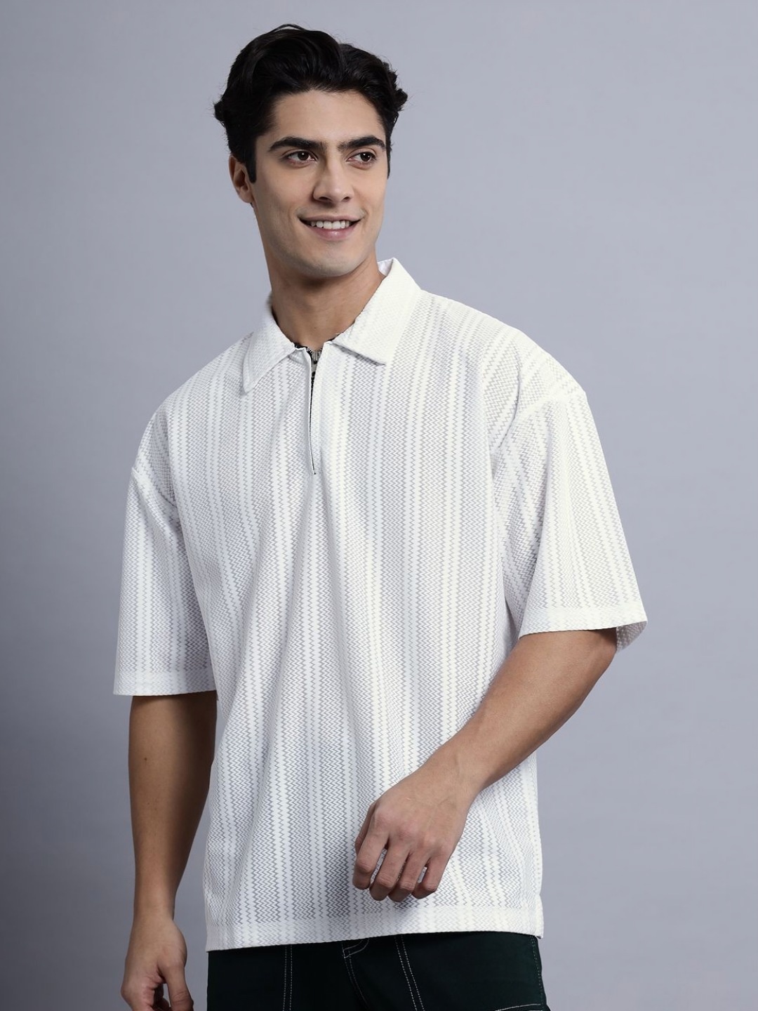 

N AND J Men Self Design Polo Collar Oversized T-shirt, White