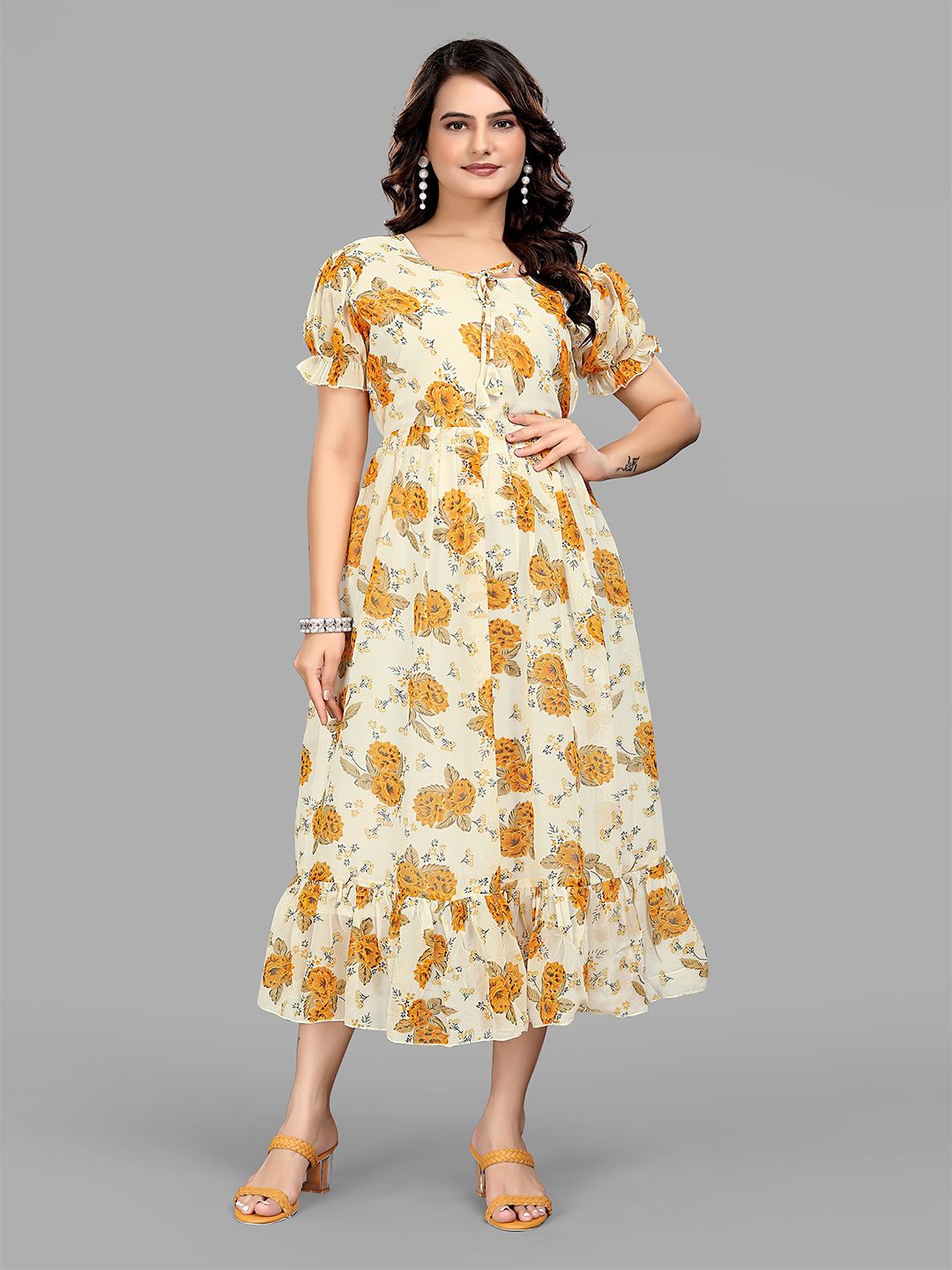 

BAESD Floral Printed Tie-Up Neck Fit & Flare Midi Dress, Yellow