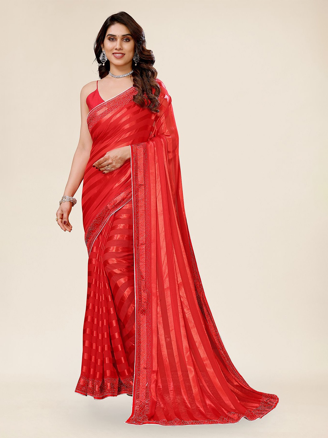 

ANAND SAREES Striped Beads and Stones Satin Ready to Wear Saree, Red