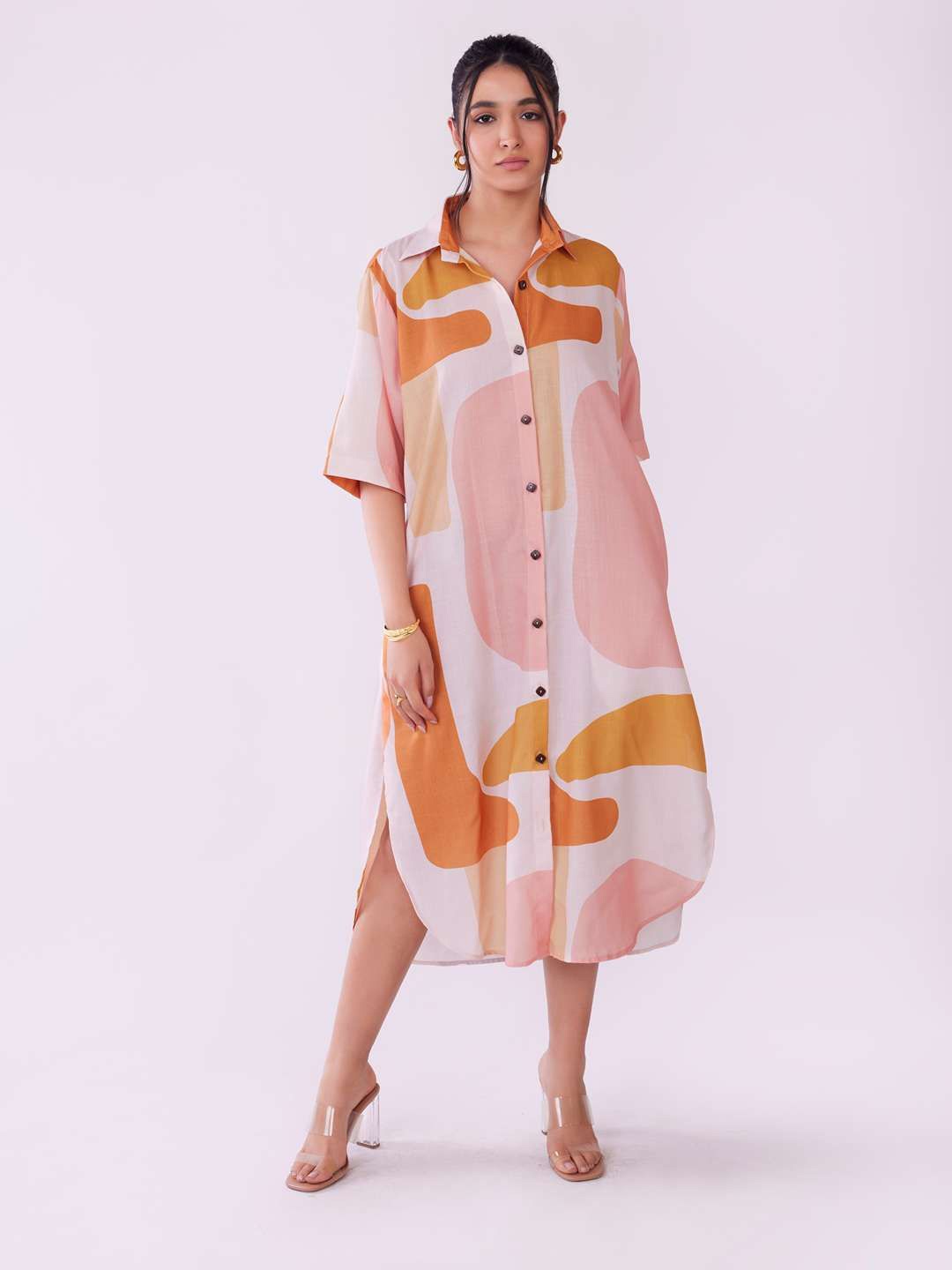 

POPPI Print Shirt Midi Dress, Brown