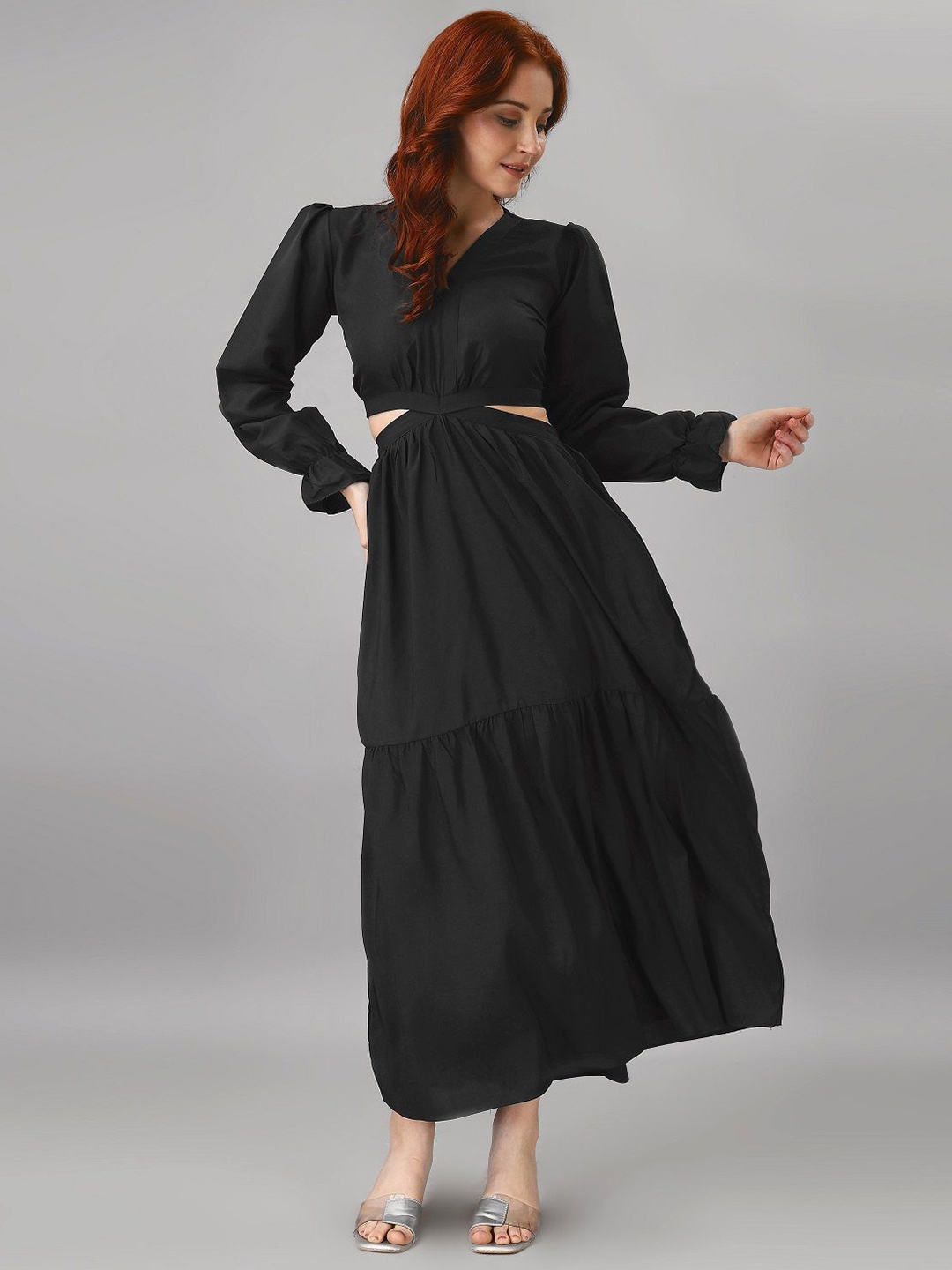 

Femvy Puff Sleeve Applique Crepe Fit & Flare Maxi Dress, Black