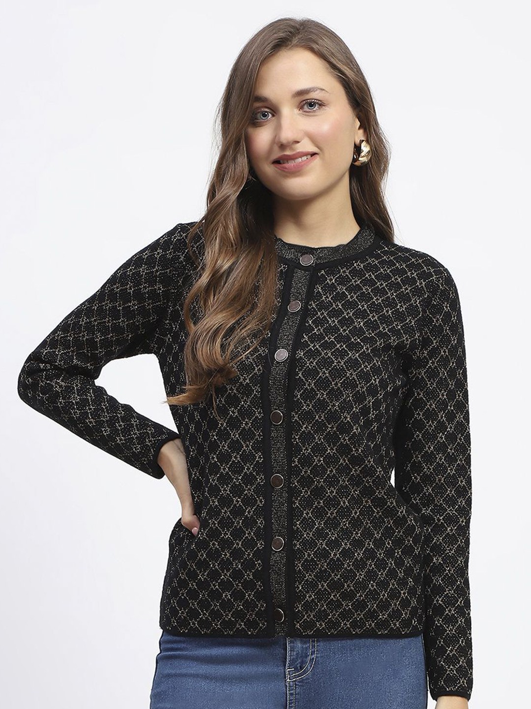 

Madame Women Printed Cardigan, Black
