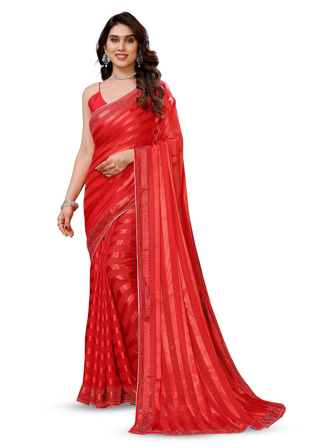 

ANAND SAREES Striped Satin Ready to Wear Saree, Red