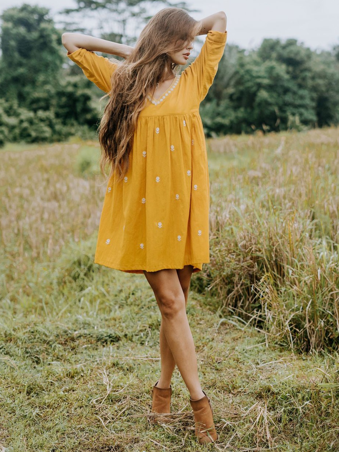 

LABEL SUGAR Bohemian Embroidered Organic Cotton Empire Dress, Mustard