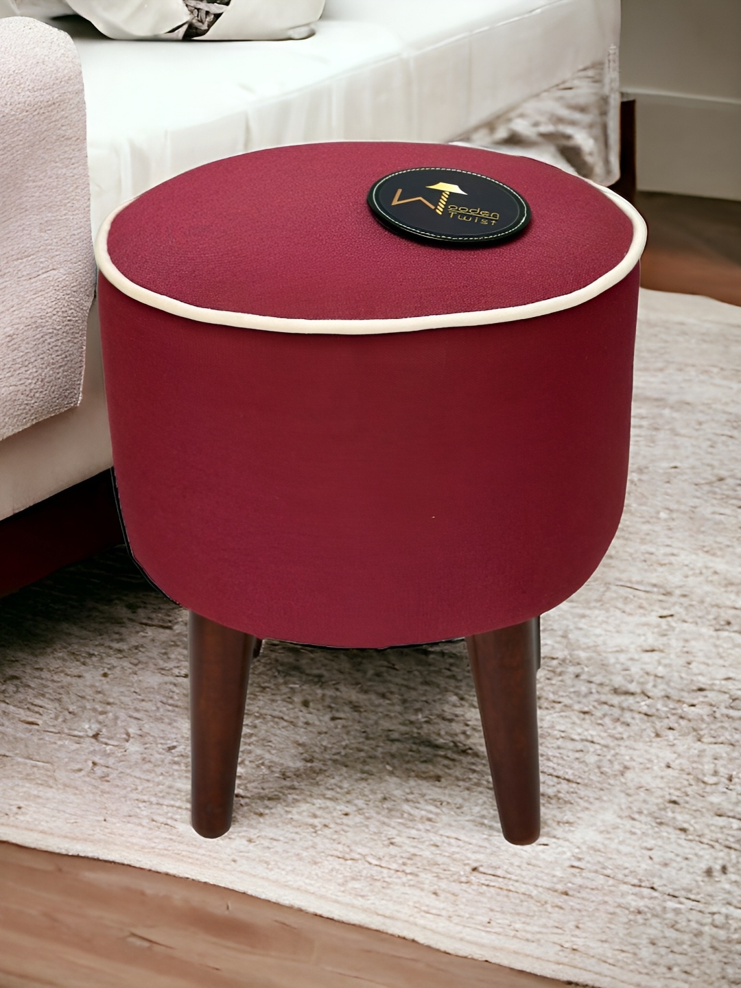 

Wooden Twist Red Comfortable Cushion Round Ottoman Stool