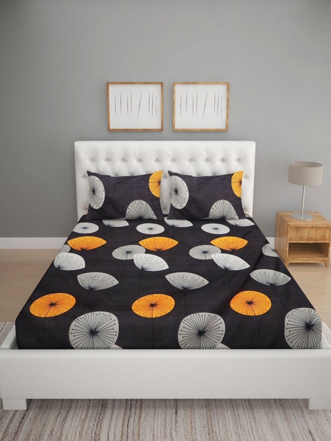 

Myntra Elegant Homes Black & White Floral 160 TC Queen Bedsheet with 2 Pillow Covers
