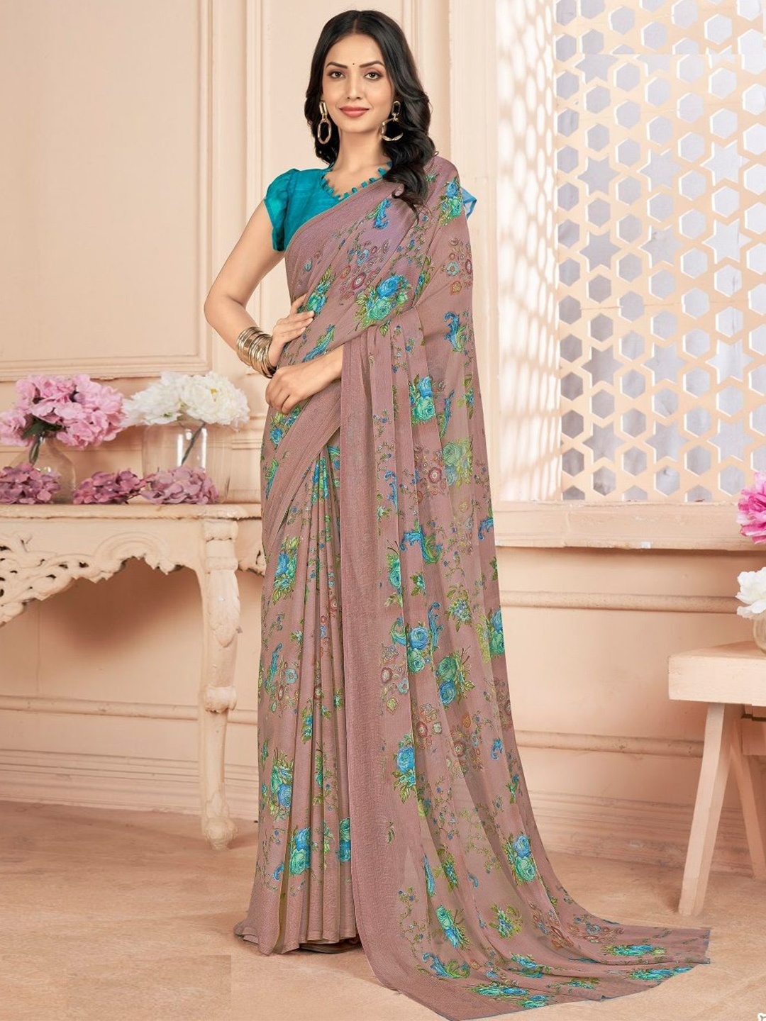 

Reboot Fashions Floral Pure Chiffon Saree, Peach