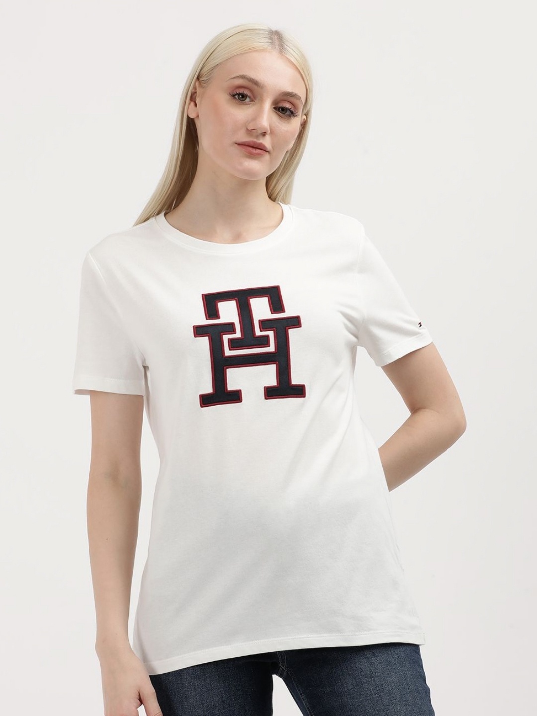 

Tommy Hilfiger Women Typography Solid Round Neck Cotton T-shirt, White