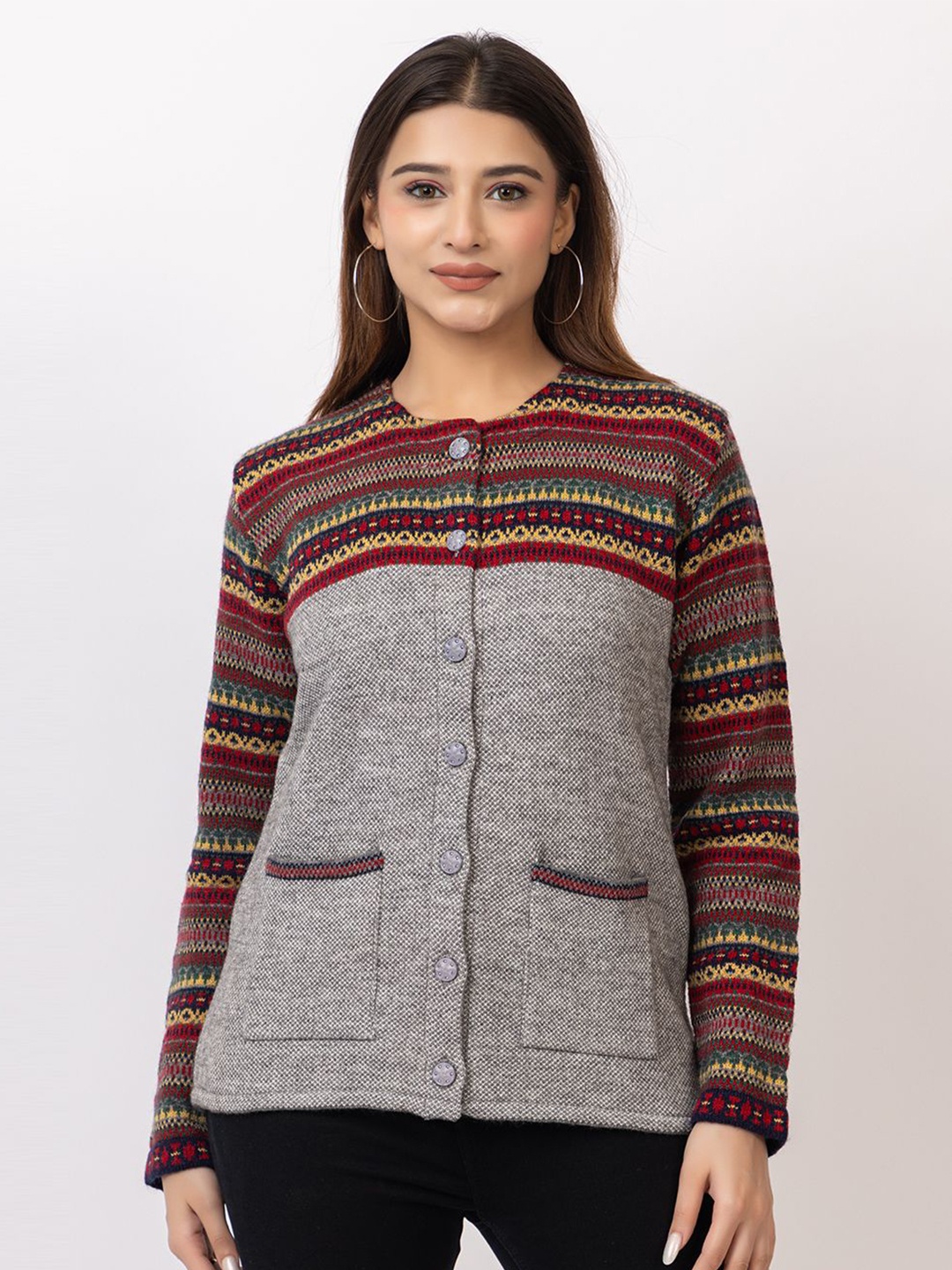 

TWENTY ME Women Embroidered Woollen Cardigan with Embroidered Detail, Grey