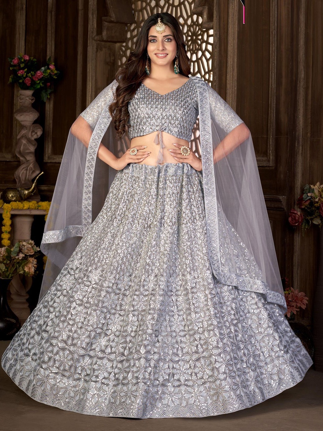 

VARNI FABRICS Embellished Sequinned Semi-Stitched Lehenga & Unstitched Blouse With Dupatta, Grey