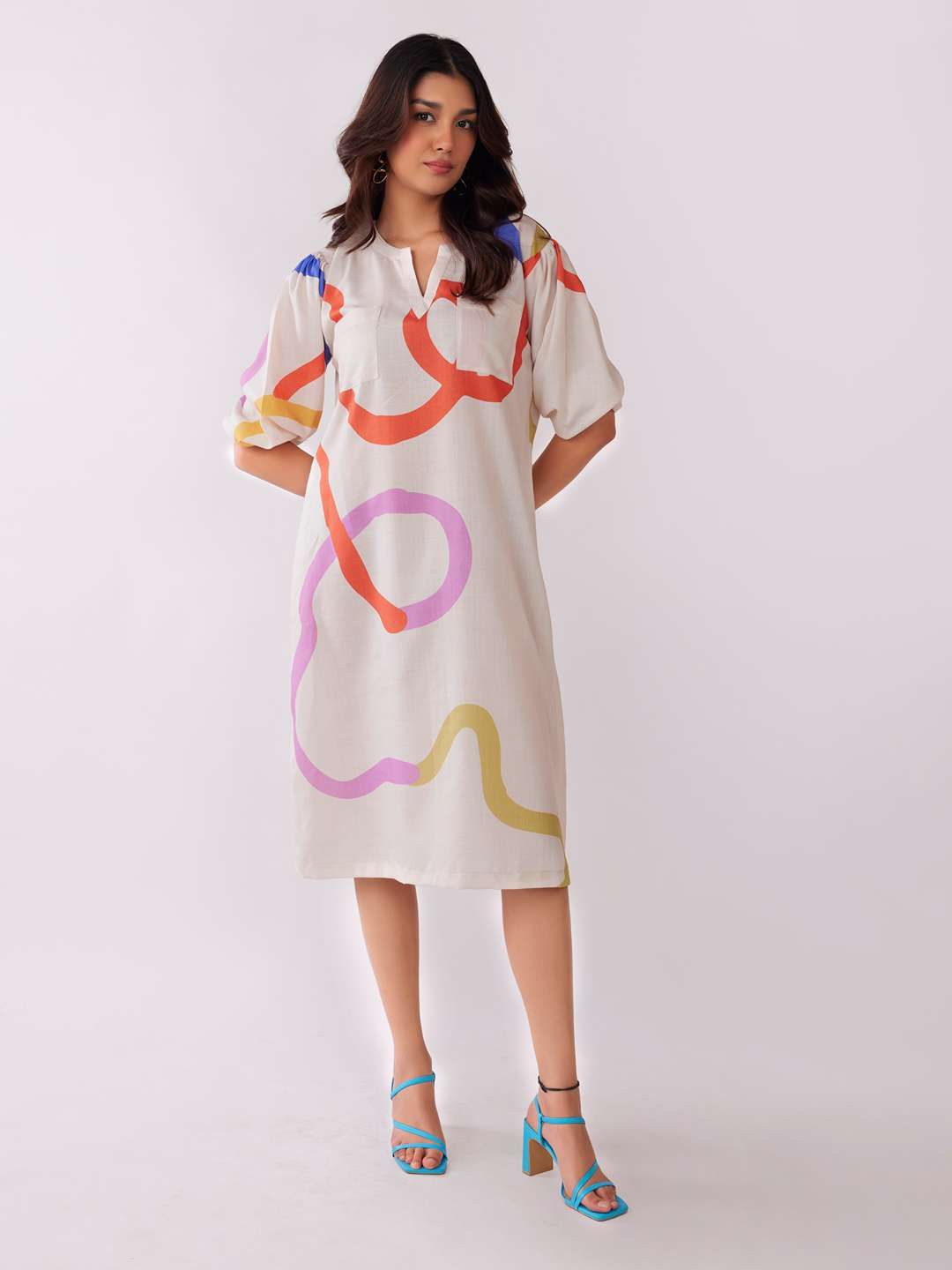 

POPPI Print A-Line Midi Dress, Off white