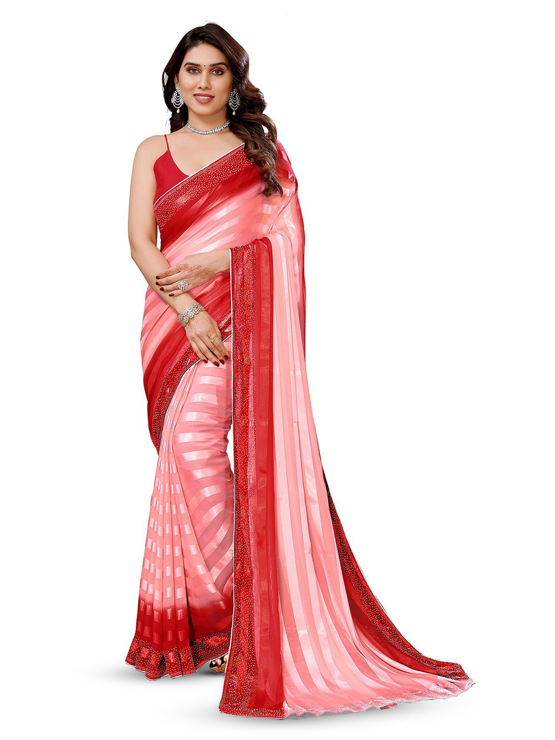 

ANAND SAREES Striped Satin Ready to Wear Saree, Red