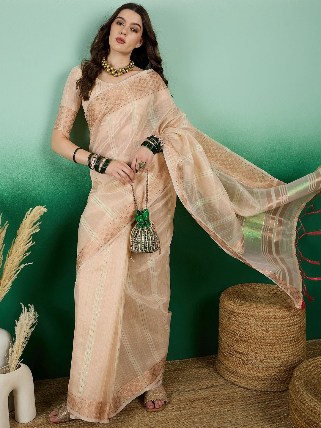 

NIRMAL CREATION Striped Zari Kanjeevaram Saree, Beige