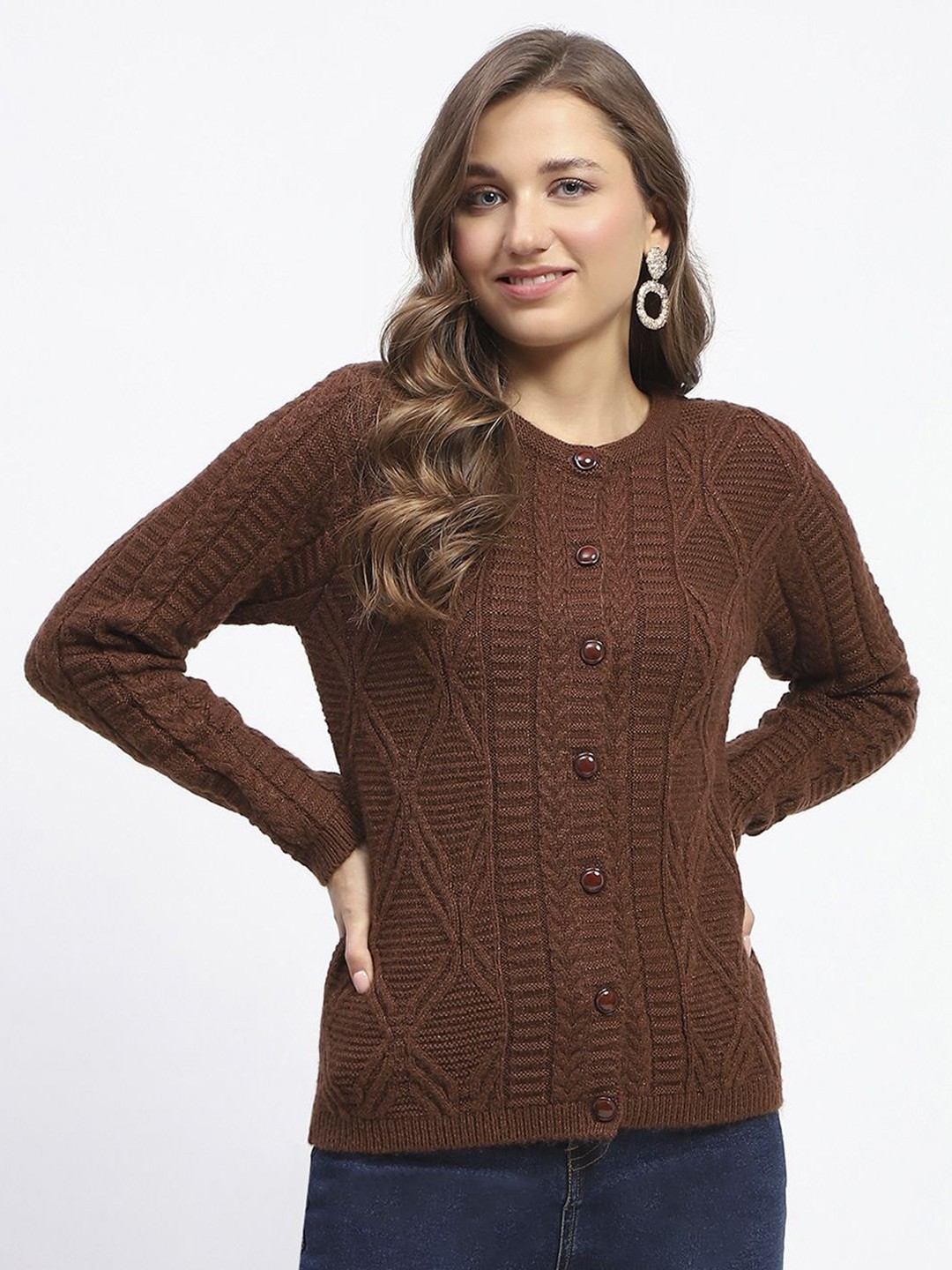 

Madame Women Cable Knit Cardigan, Coffee brown