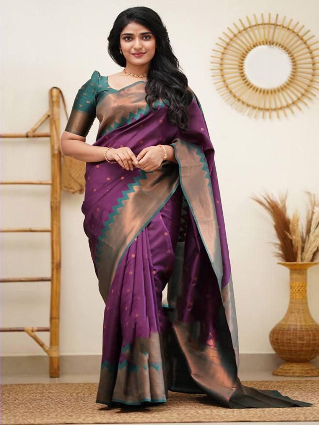 

Sitanjali Ethnic Motifs Zari Silk Blend Kanjeevaram Saree, Purple