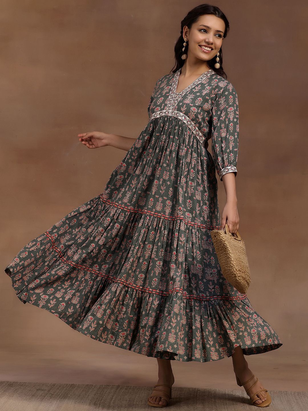 

Libas Floral Printed Puff Sleeve Layered Fit & Flare Midi Dress, Green