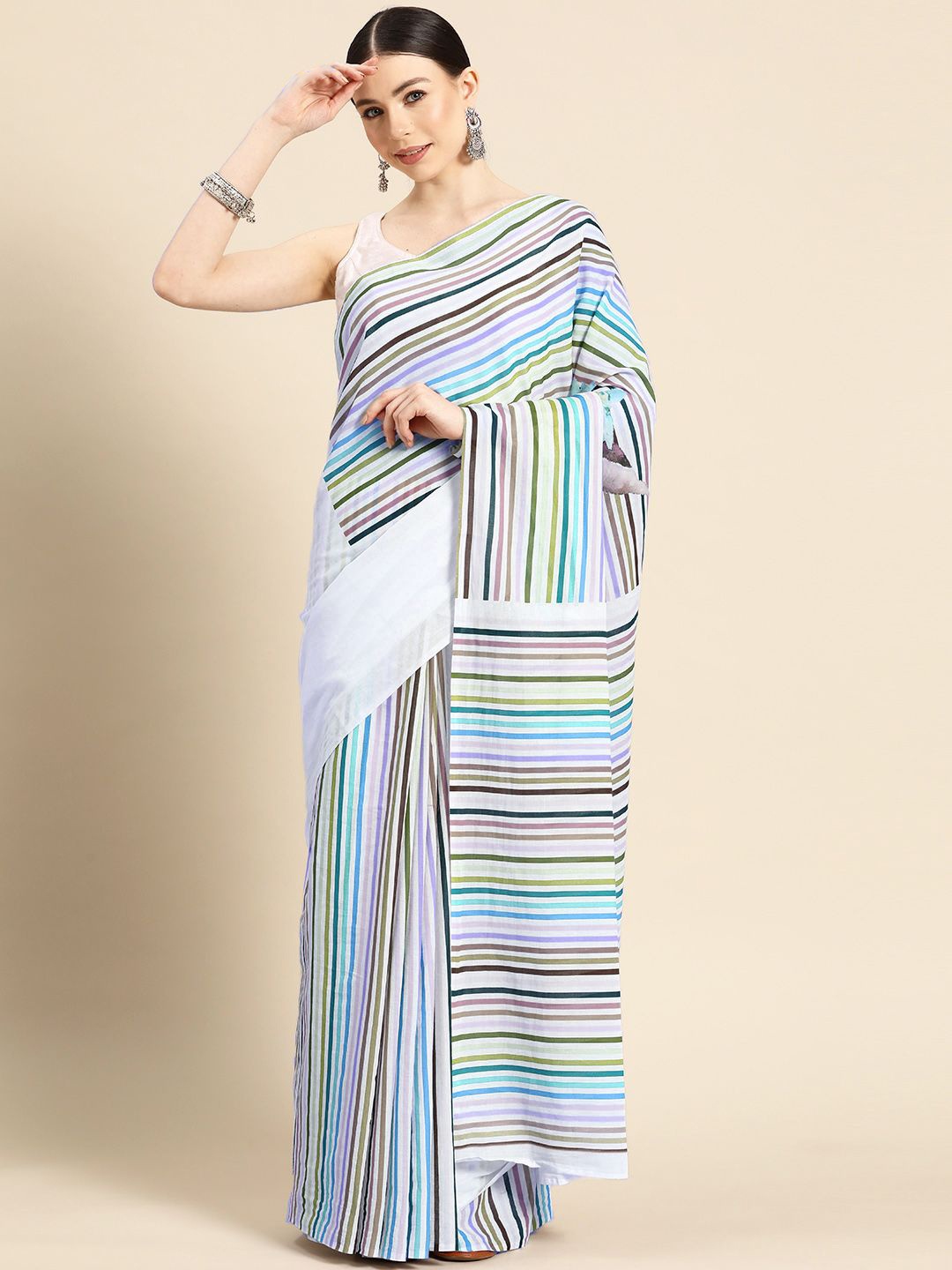 

BUTA BUTI Striped Pure Cotton Printed Daily Wear Saree, White