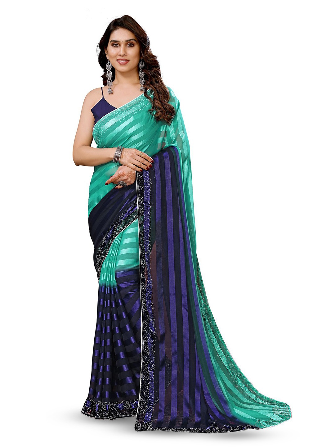 

ANAND SAREES Striped Beads and Stones Satin Ready to Wear Saree, Blue