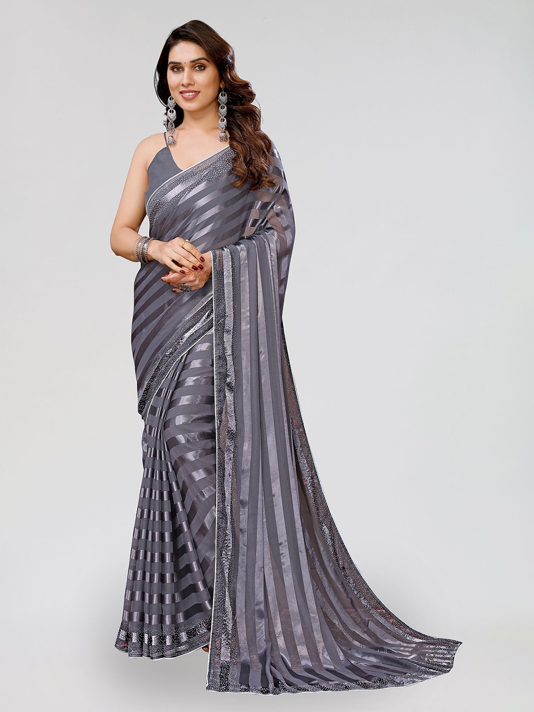 

ANAND SAREES Striped Satin Saree, Grey