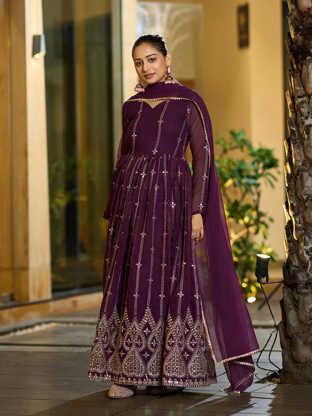 

Kedar Fab Ethnic Motifs Embroidered Georgette Maxi Dress, Purple