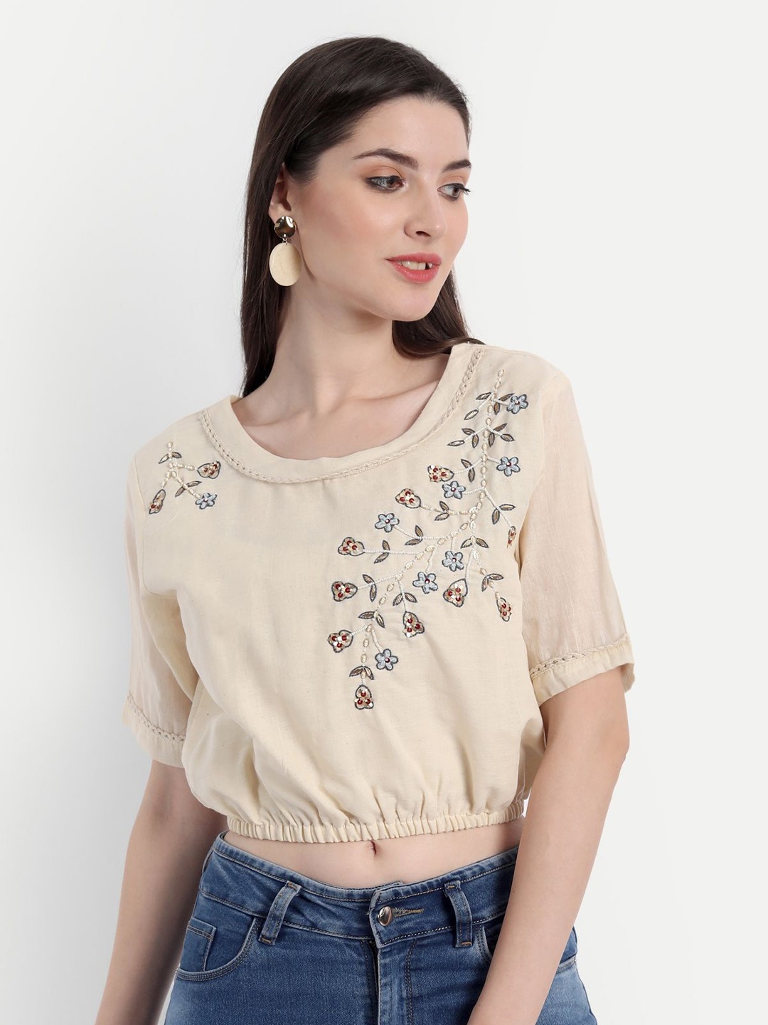 

GALANG GABAAN Floral Embellished Extended Sleeves Cotton Crop Top, Beige