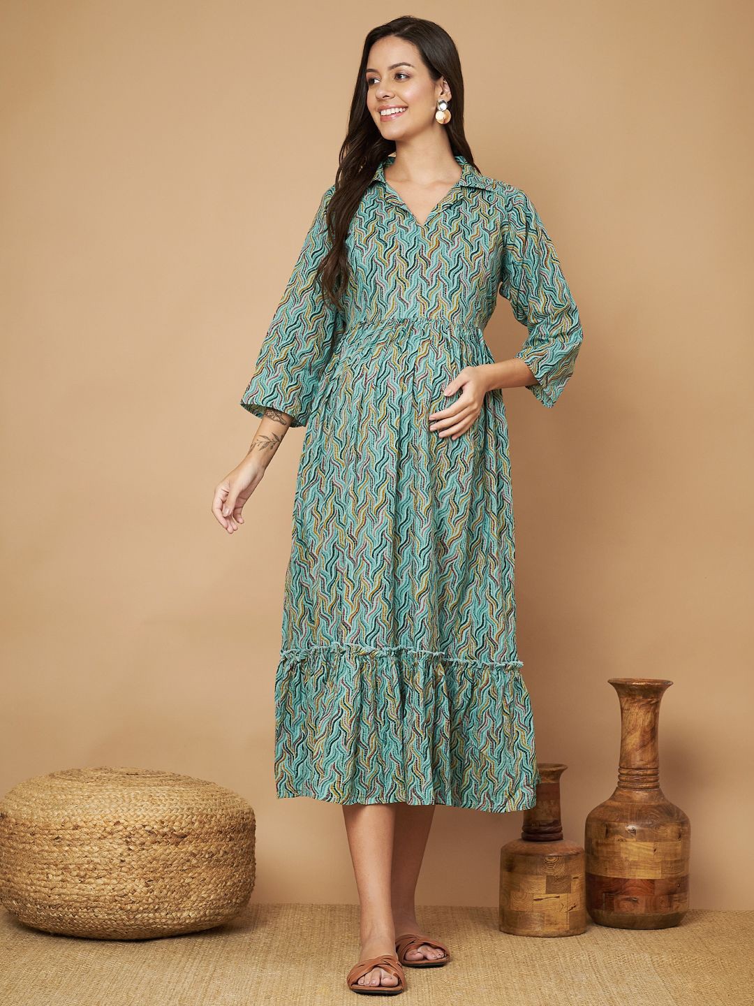 

Aanyor Printed Cotton Maternity A-Line Midi Dress, Green