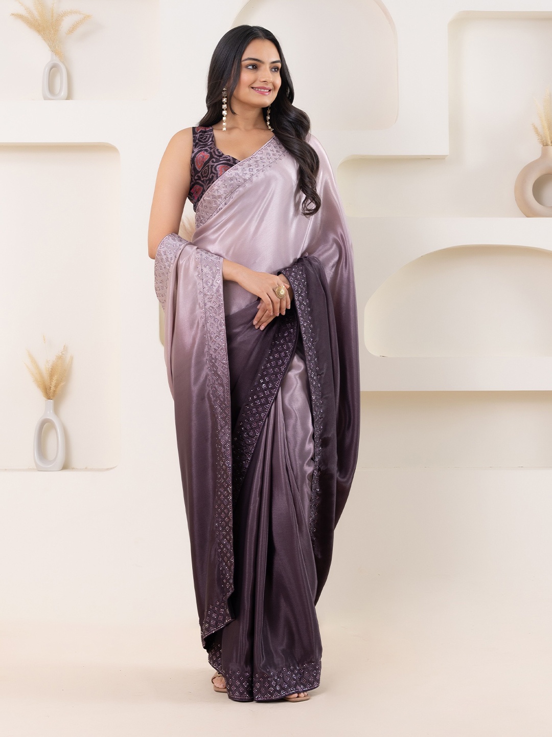 

RACHNA Ombre Beads and Stones Art Silk Ready to Wear Saree, Purple