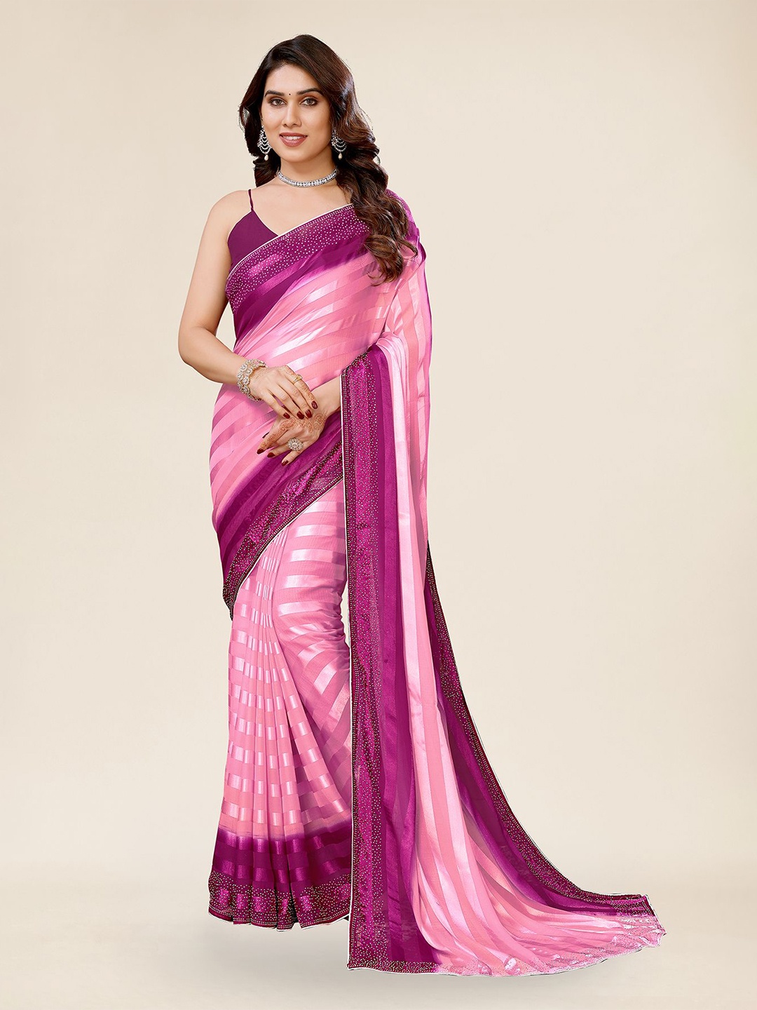 

ANAND SAREES Striped Beads and Stones Satin Saree, Pink
