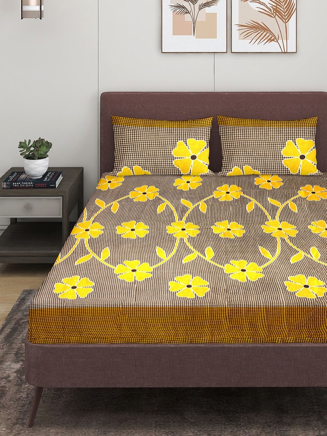 

Myntra Elegant Homes Yellow & Brown Floral 160 TC Queen Bedsheet with 2 Pillow Covers