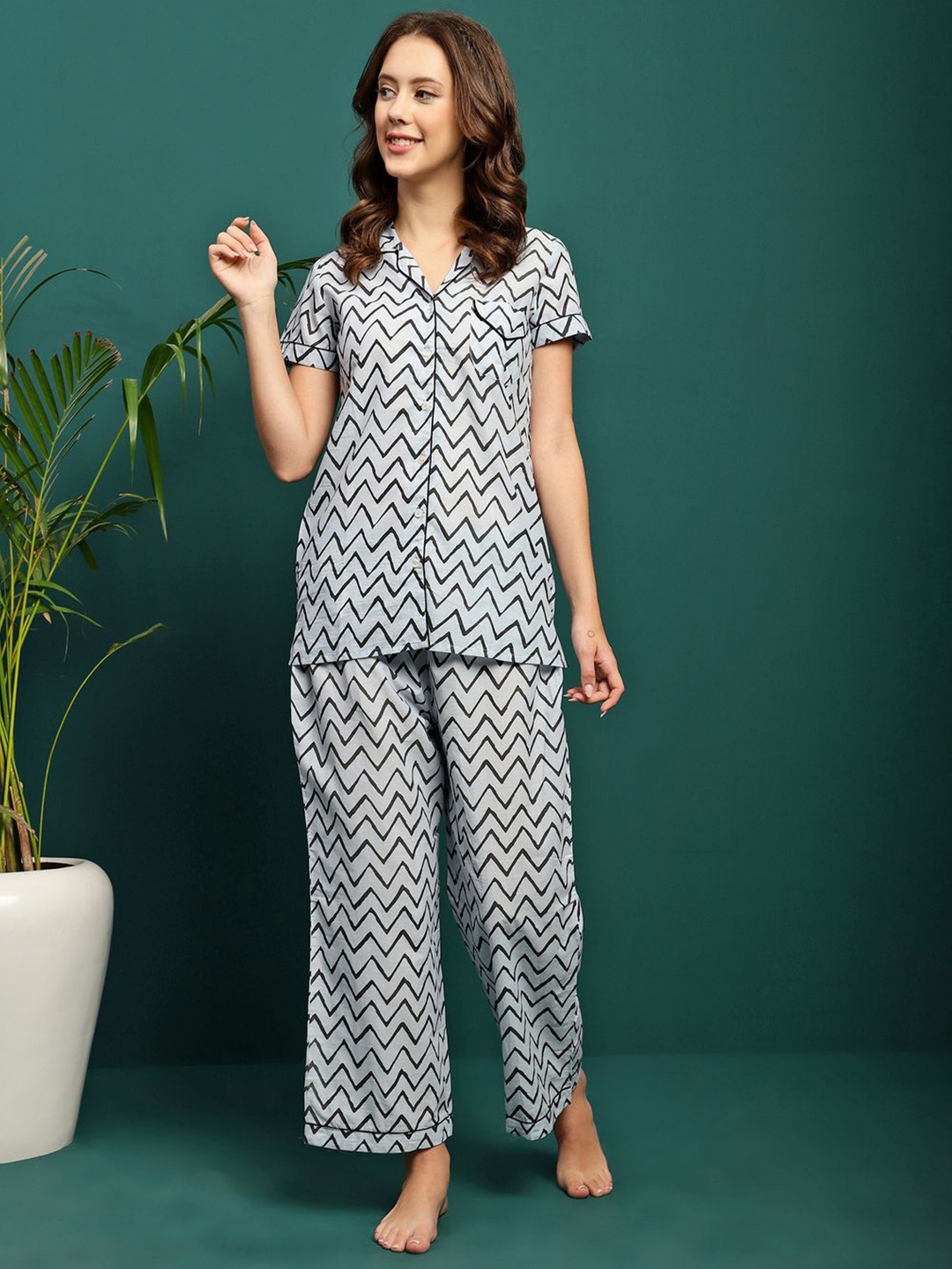 

BANDIA Chevron Printed Shirt Collar Pure Cotton Shirt With Pyjamas, Blue