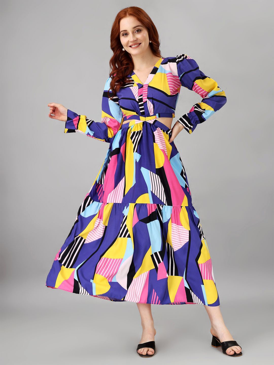 

Femvy Print Puff Sleeve Applique Crepe Fit & Flare Maxi Dress, Multi