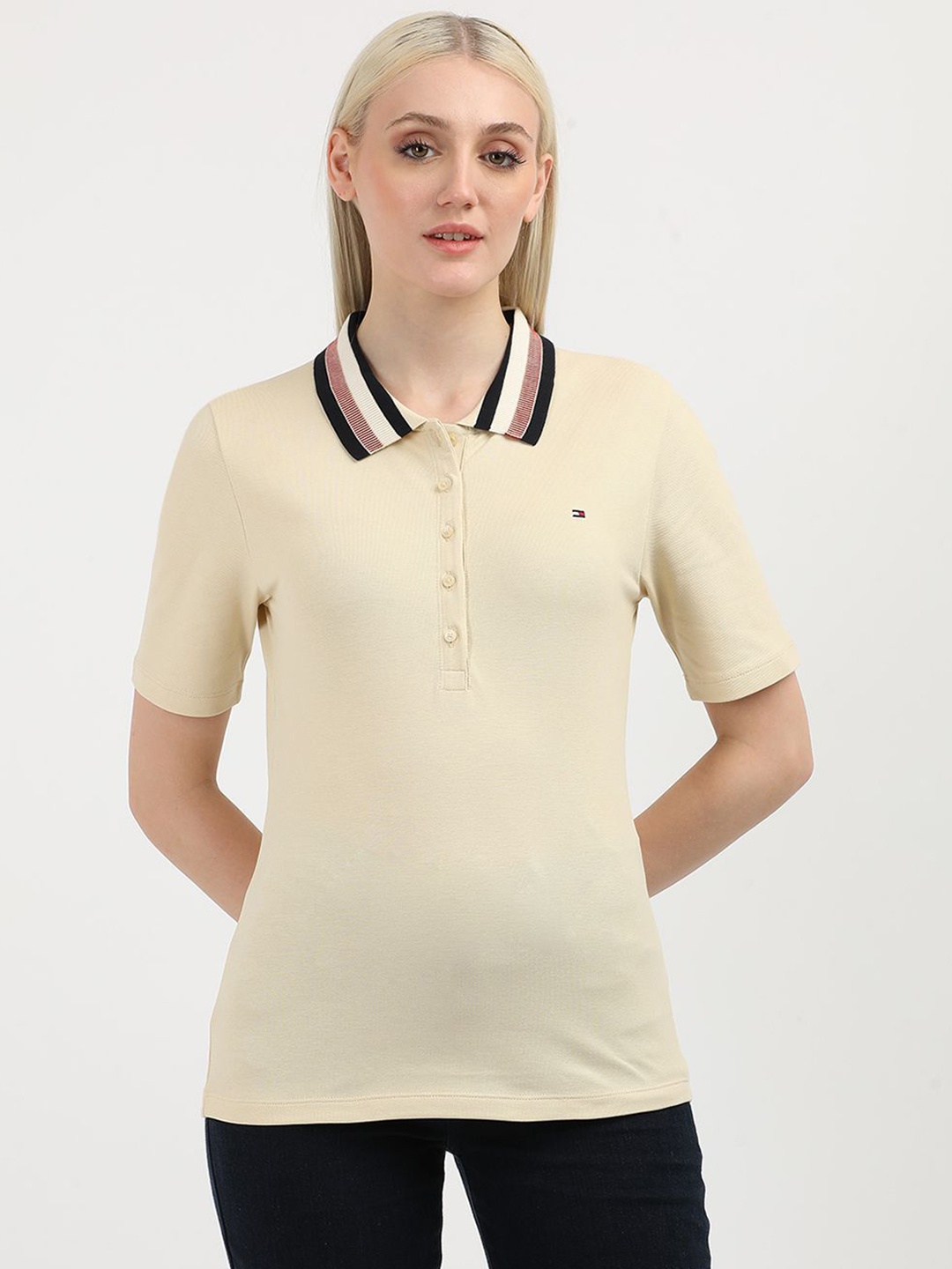 

Tommy Hilfiger Women Solid Polo Collar Organic Cotton T-shirt, Beige