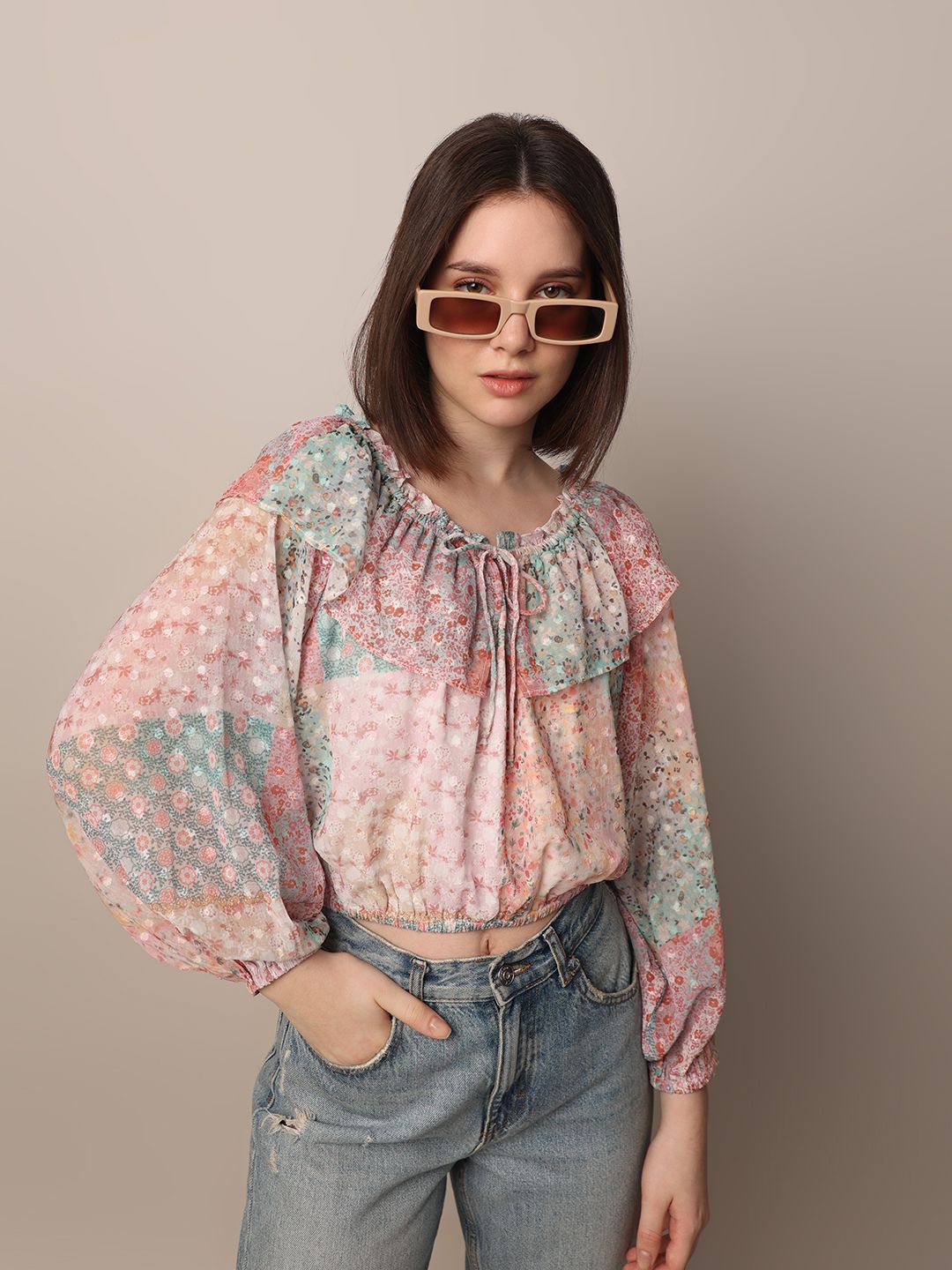 

ONLY Print Tie-Up Neck Puff Sleeve Georgette Blouson Top, Pink