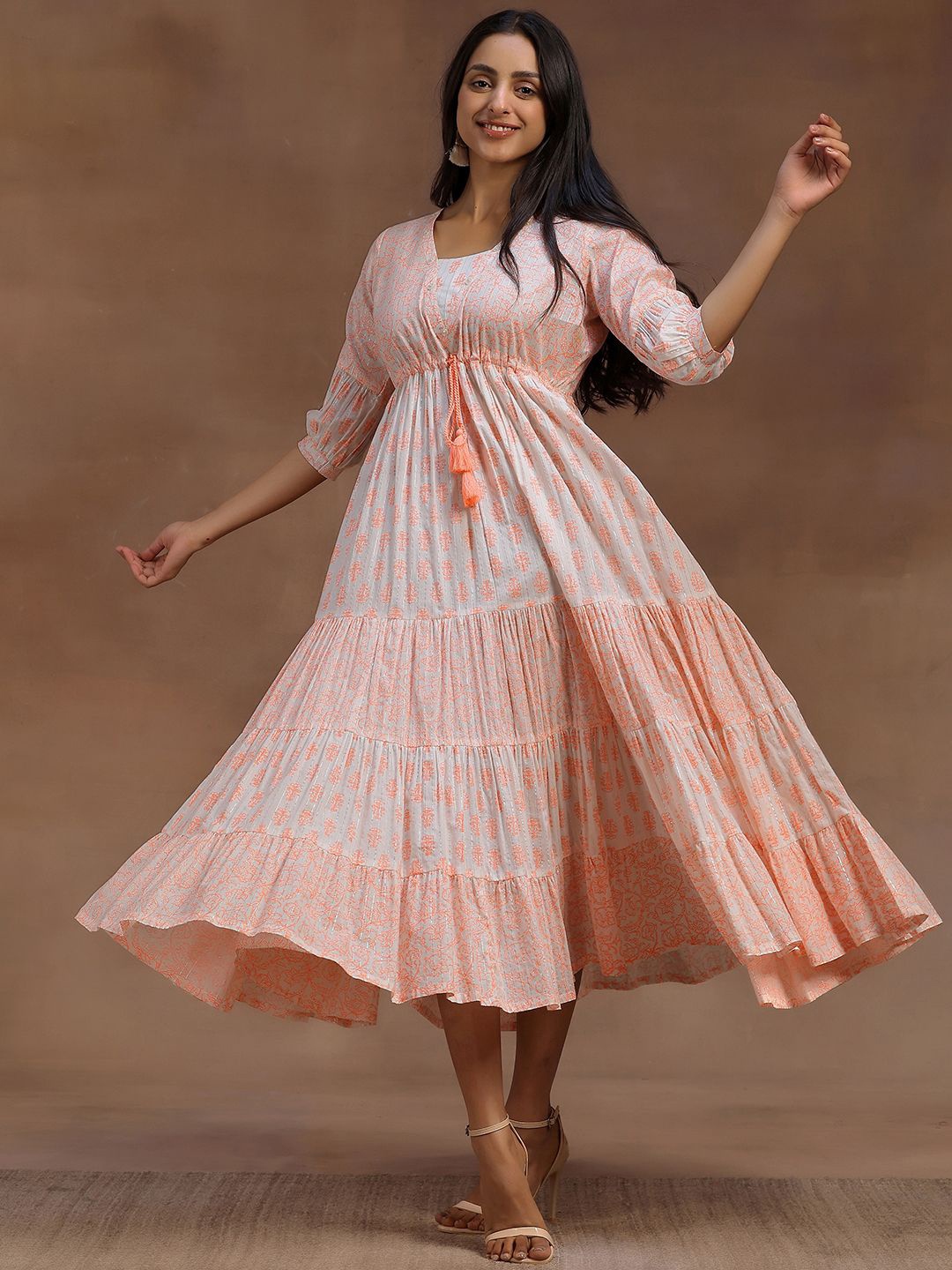 

Libas Floral Print Puff Sleeve Layered A-Line Midi Dress, Orange