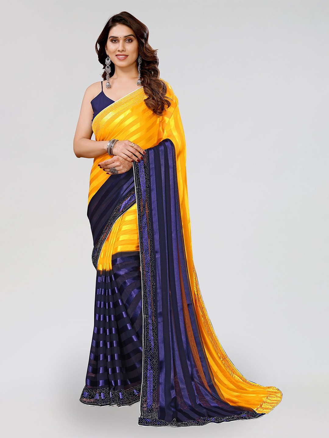 

ANAND SAREES Striped Satin Ready to Wear Saree, Yellow