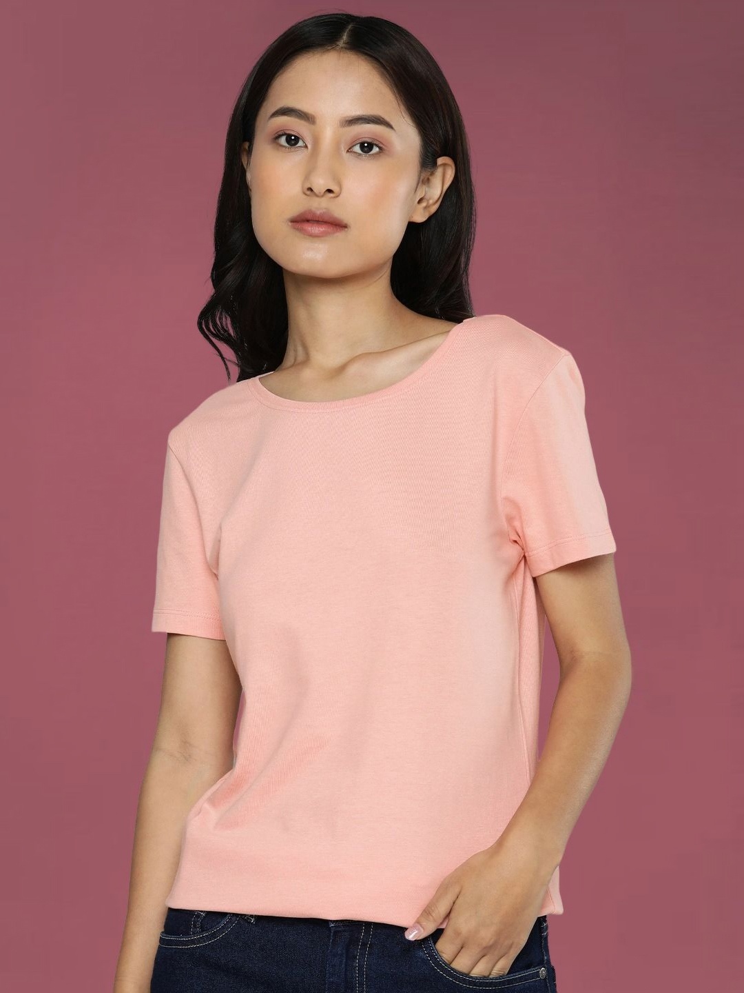

DressBerry Women Solid Round Neck Cotton T-shirt, Pink