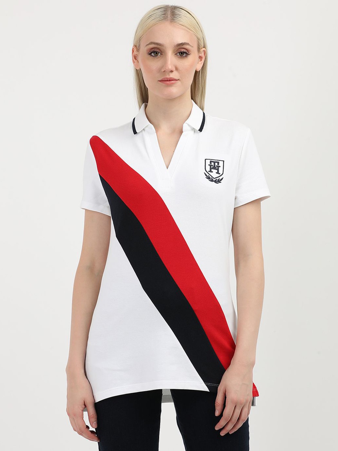 

Tommy Hilfiger Women Colourblocked Polo Collar Cotton T-shirt, White