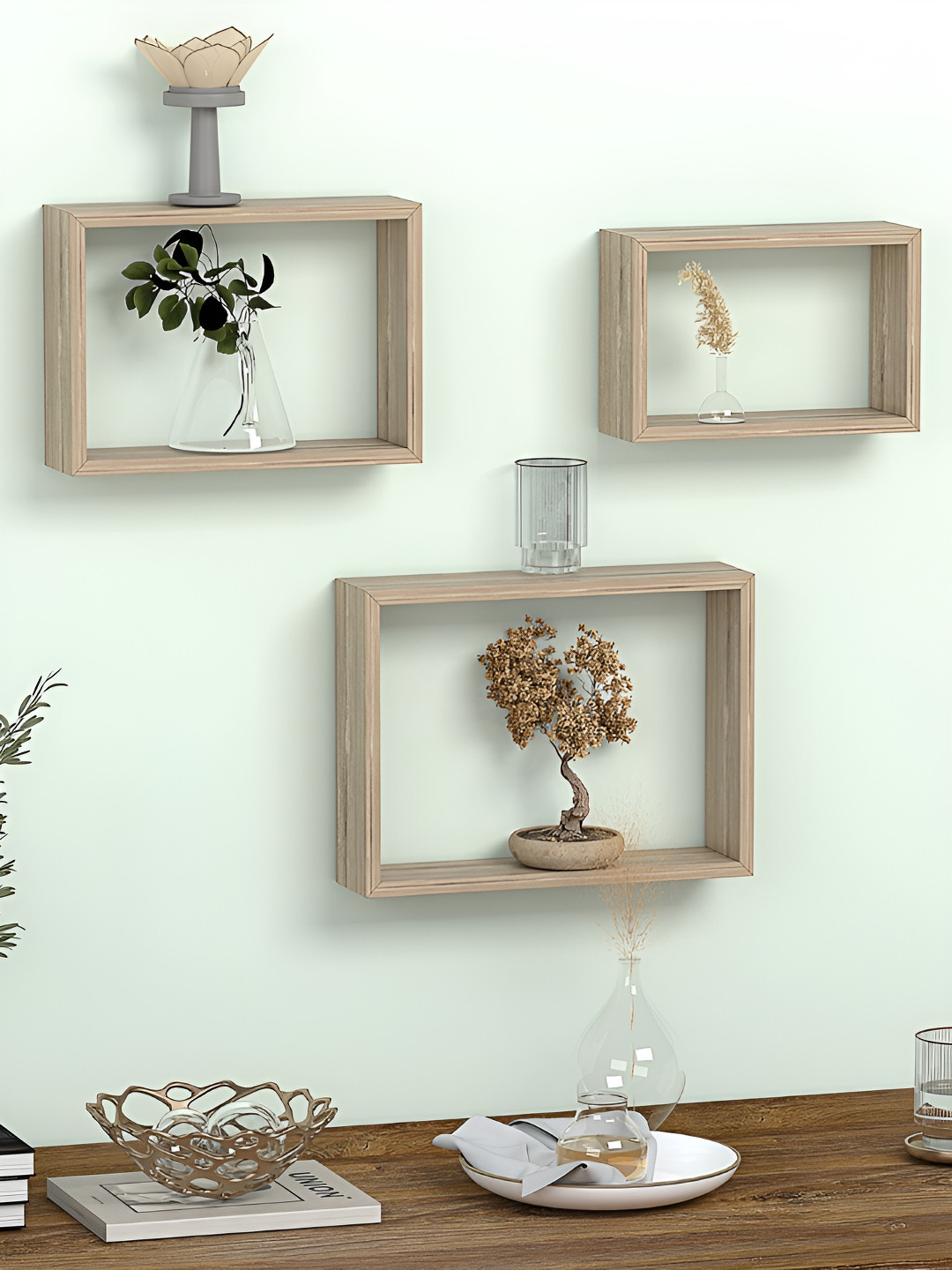 

RANDOM Beige 3 Pieces Wooden Wall Shelves