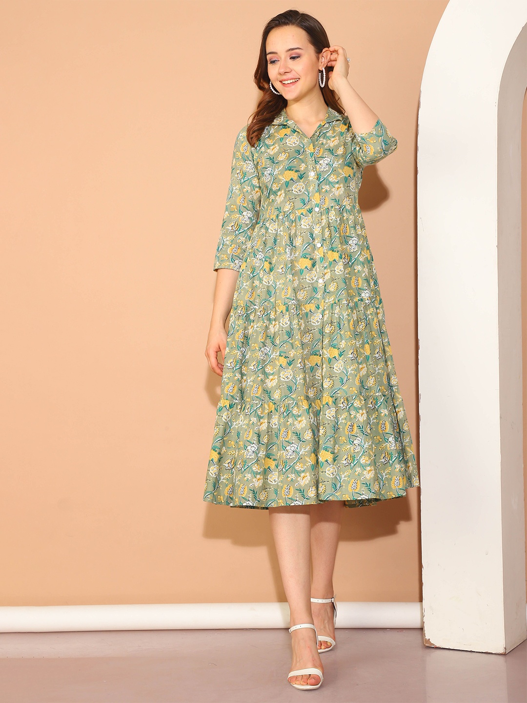 

Rajnandini Floral Print A-Line Midi Dress, Green