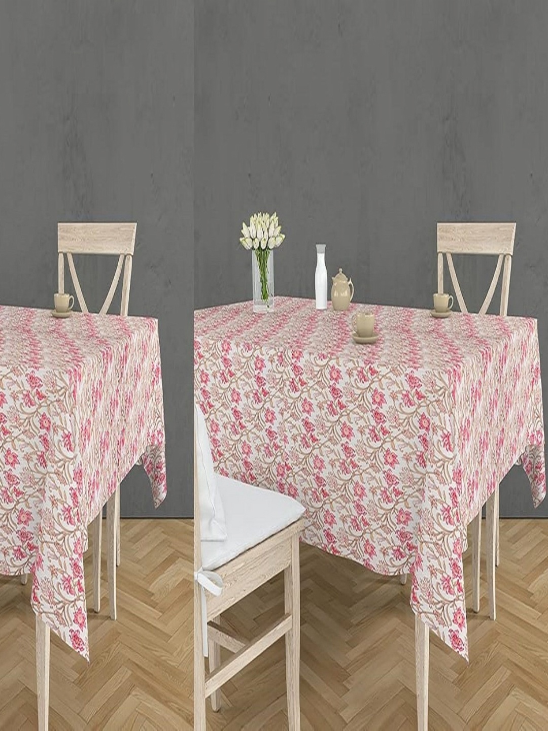 

RRC Pink & White 2 Pieces Floral Printed Anti Slip 4 Seater Table Cover