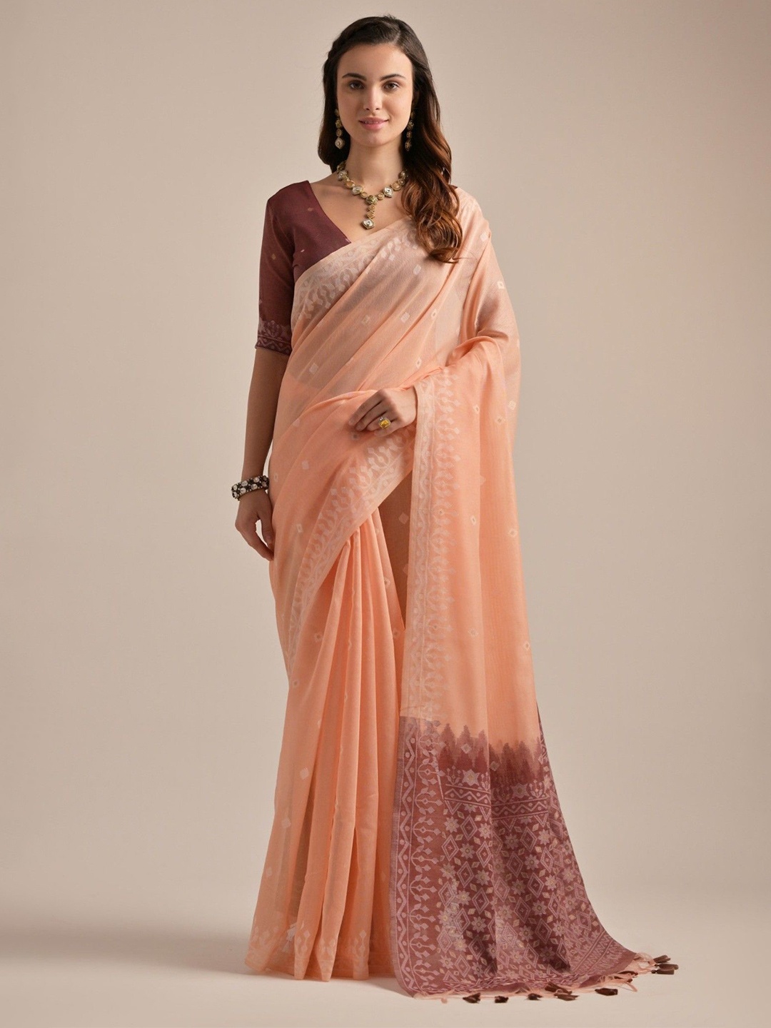 

MySilkLove Woven Design Muga Saree, Peach