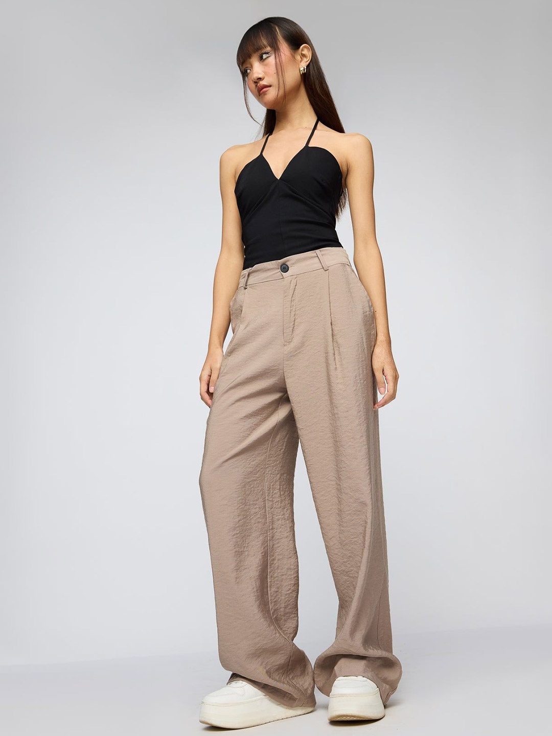 

FREAKINS Bisque Beige Pleated Straight Fit Korean Pants