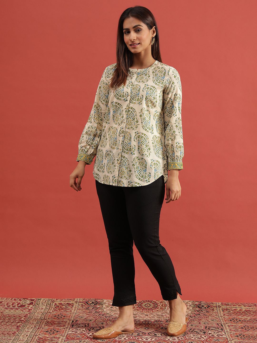 

W Women Ethnic Printed Mandarin Collar Cotton Top, White