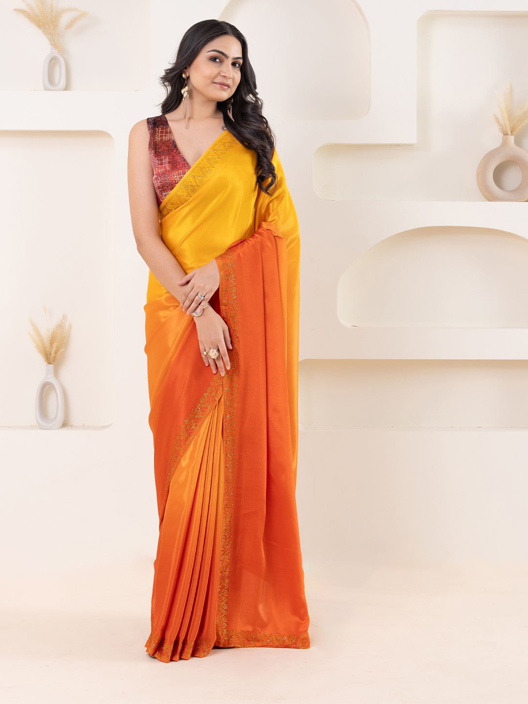 

RACHNA Ombre Beads and Stones Art Silk Ready to Wear Saree, Yellow