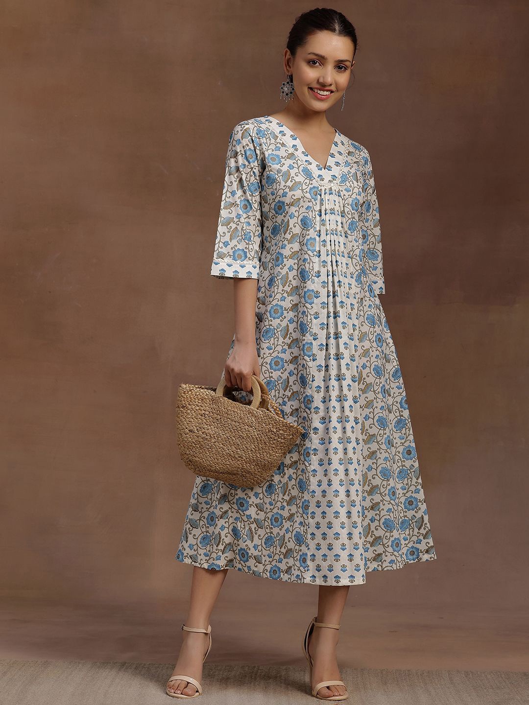 

Libas Floral Print Flared Sleeve A-Line Midi Dress, Blue