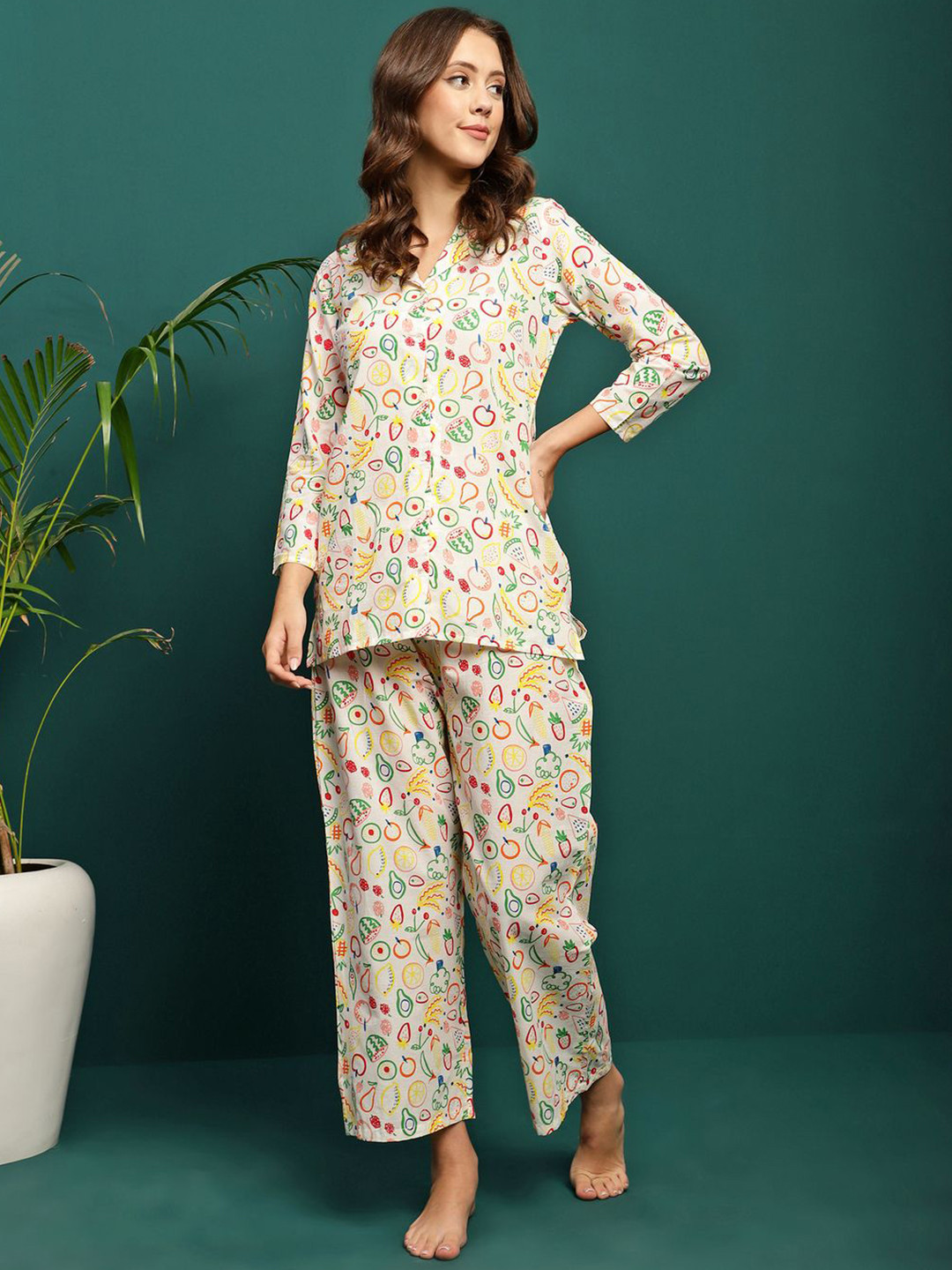 

BANDIA Geometric Printed Lapel Collar Pure Cotton Shirt With Pyjamas, Green