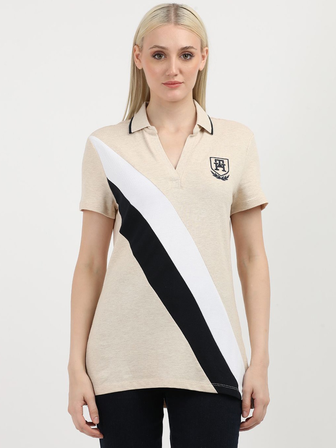 

Tommy Hilfiger Women Colourblocked Polo Collar Cotton T-shirt, Beige