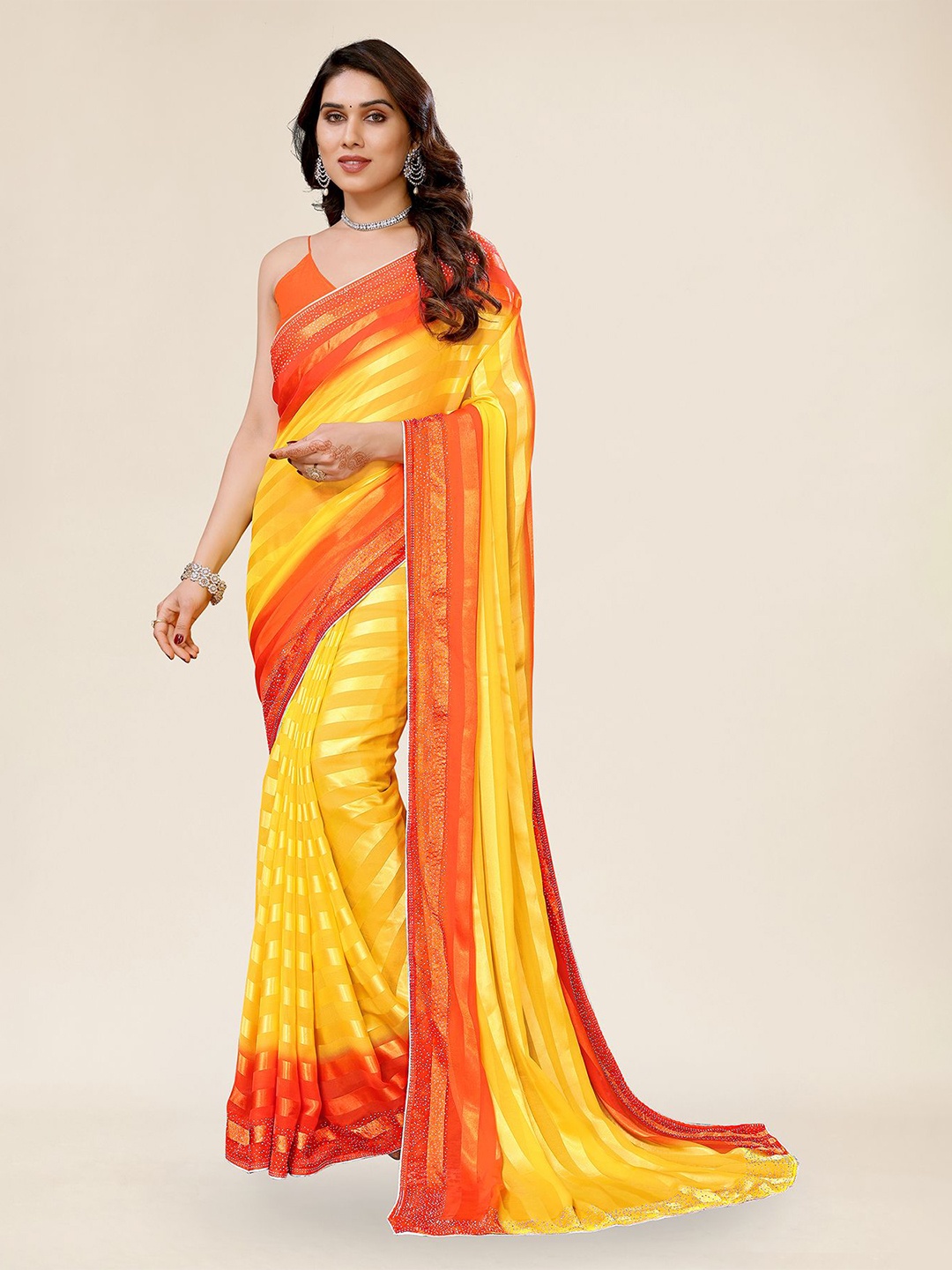 

ANAND SAREES Striped Beads and Stones Satin Saree, Yellow