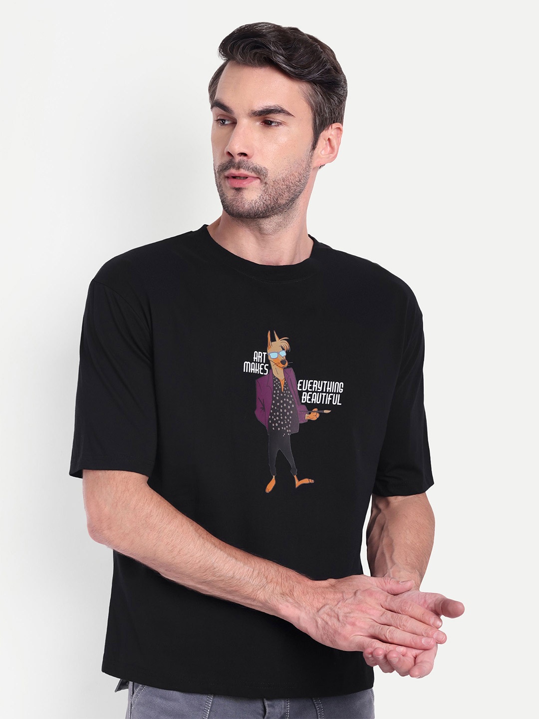 

BOLLYWOO.OOO Unisex Bio Finish Graphic Printed Round Neck Cotton Oversized T-shirt, Black